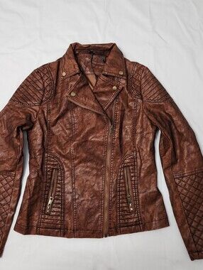 BELLIVERA FAUX LEATHER MOTO JACKET COLOR BROWN SIZE SMALL